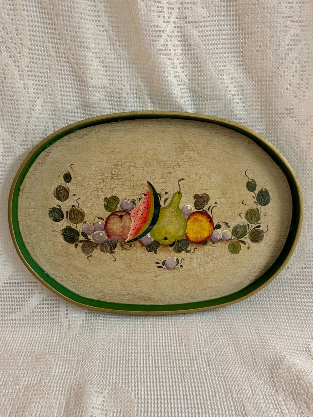 Vintage Handmade Hand Painted Green + Cream Folk Art Oval Wood Tray 14”x 9.5”